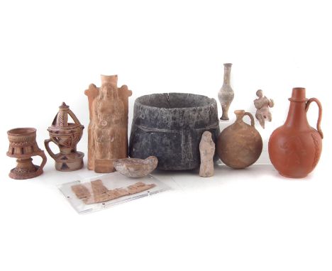 Collection of pottery antiquities, to include a Two frankincense burners, on labelled as a Mabkhar made to an ancient design 