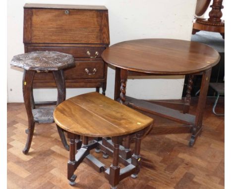 Early 20th century oak bureau, Sutherland style table, small oak gate leg table and 2-tier occasional table We do not supply 