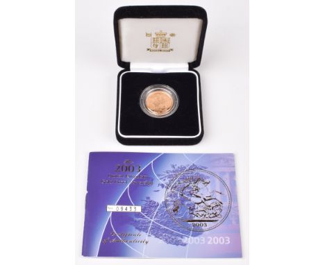 2003 Royal Mint, Proof Sovereign, weight 7.98g, diameter 22.05mm, struck in 22 carat gold, with obverse portrait by Ian Rank-