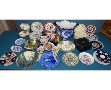 A collection of mixed plates, part dessert sets, also a jardinière, two wall pockets, Royal Worcester coffee pot and Edinburg