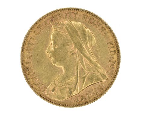 Queen Victoria, Sovereign, 1900, Old veiled bust l. R. St. George and dragon, M on ground for Melbourne Mint, Australia, edge