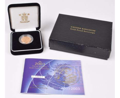 2003 Royal Mint, Proof Sovereign, weight 7.98g, diameter 22.05mm, struck in 22 carat gold, with obverse portrait by Ian Rank-