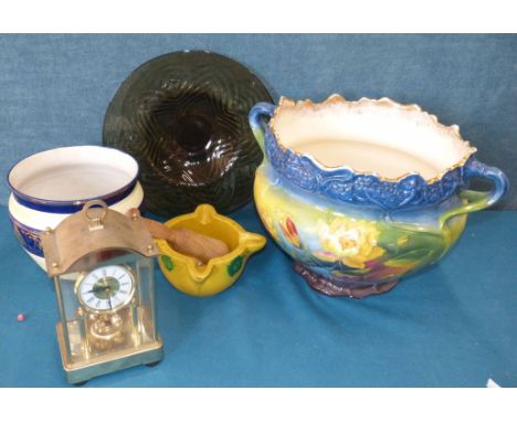 Large Bonn two handled jardinière, continental jardinière, pestle and mortar, modern gem mantle clock and 38cm diameter sepia