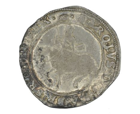 Charles I, Halfcrown, Group III, third horseman, type 3a1, no caparisons on horse, scarf flying from King's waist. R. Oval ga