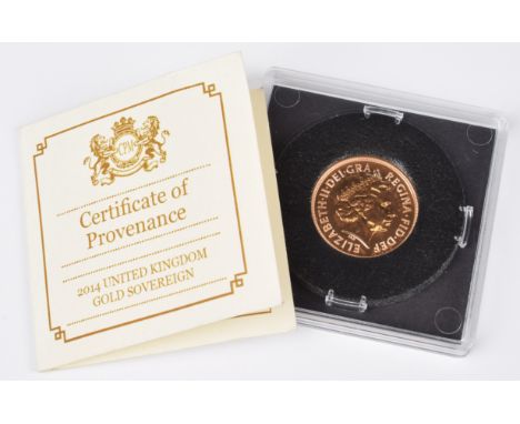 Elizabeth II, Sovereign, 2014, weight 7.98g, diameter 22.05mm, struck in 22 carat gold, with obverse portrait by Ian Rank-Bro