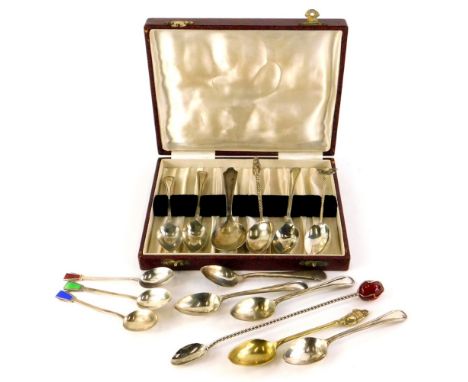 A collection of silver and silver plated spoons, to include three silver spoons with enamel decoration, Birmingham 1932, ½oz,