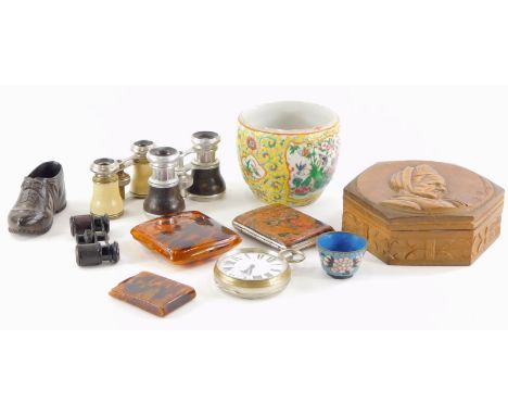 A quantity of items, to include a finely carved treen shoe or boot, a continental souvenir box, opera glasses, cigarette case