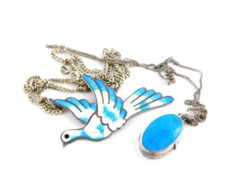 Two necklaces, to include a dove enamel brooch, white metal stamped sterling on a silver curb link chain, together with a sil