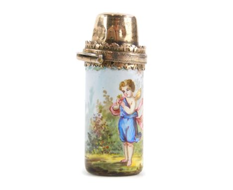 An enamel scent bottle, decorated with a child in rural landscape, the top unmarked white metal. (AF)