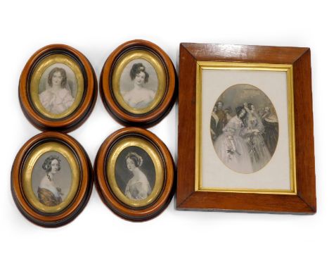 After C R Leslie. Viscountess Jocelyn, hand coloured engraving, oval, 11cm x 8cm, and four other similar engravings, and anot