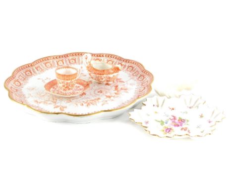 A Spode Copeland porcelain cabaret tray, with a shaped border printed in red with flowers, a matching cup saucer and a milk j