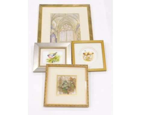J R Watson. Stained glass window, watercolour, 35cm x 25cm, an embroidered picture by Eileen Wilding, and two other watercolo