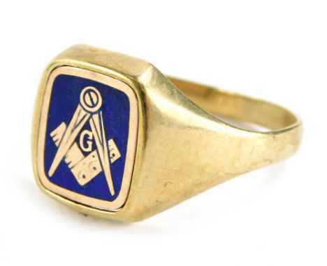 A 9ct gold Masonic ring, with blue enamel decoration of compass, etc., 4.9g all in.