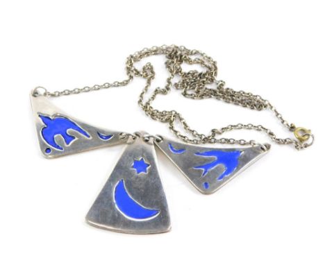 A silver and enamel necklace, with design of doves and crescent moon and star, with maker's stamp GES, on necklace stand, 37.