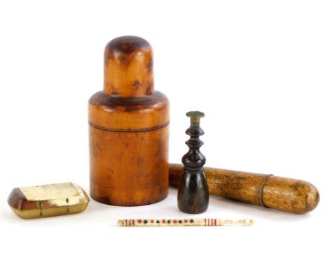 A collection of items, to include a treen dressing table jar, the screw top lid enclosing a scent bottle and stopper, a turne