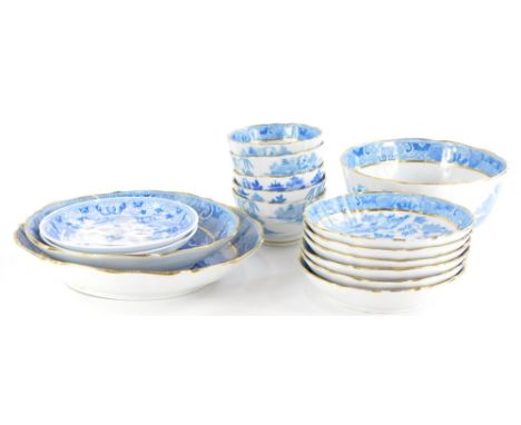 A quantity of 19thC English porcelain Willow pattern items, to include five tea bowls, saucers, plates, etc., unmarked.