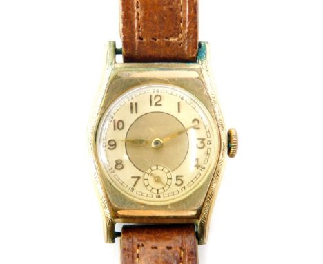 A vintage gentleman's wristwatch, with small circular watch head dial, on silvered finish with gold hands and seconds dial, i