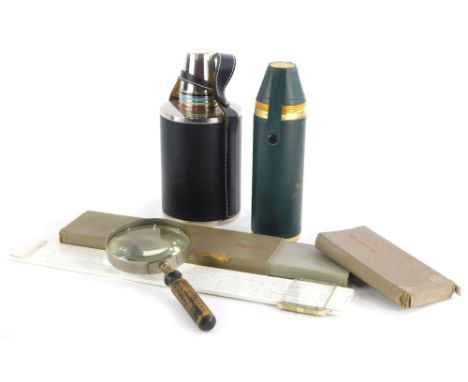 A collection of items, to include magnifying glass, a Wallace single malt set of flask with cups, a similar West German flask