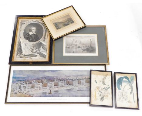 After Houbraken. Portrait of William Harvey MD, engraving, and other pictures to include reproduction of St Thomas' Hospital,