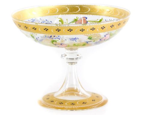 A Venetian glass tazza or stand, with enamel decoration of flowers, leaves, within gilt borders, signed to base Decorato A.Ma