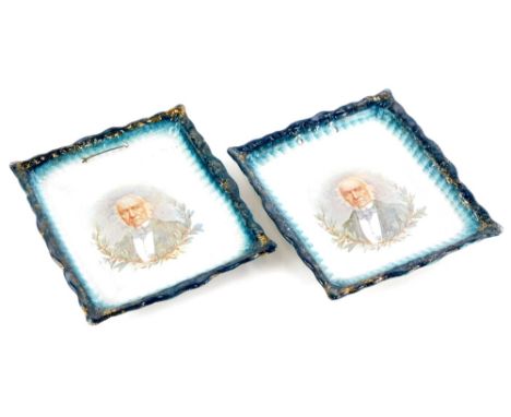 A pair of 19thC Staffordshire pottery commemorative plaques, each printed with a portrait of William Gladstone, turquoise bor