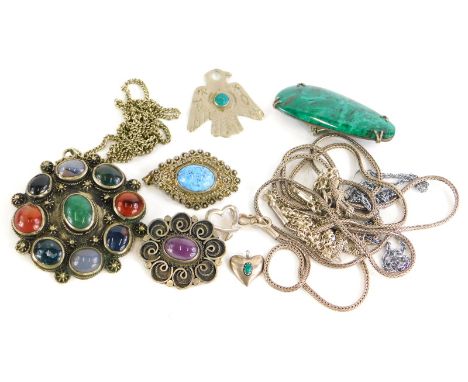 A group of silver and other costume jewellery, to include a turquoise pendant, on silver plated frame, a silver heart pendant