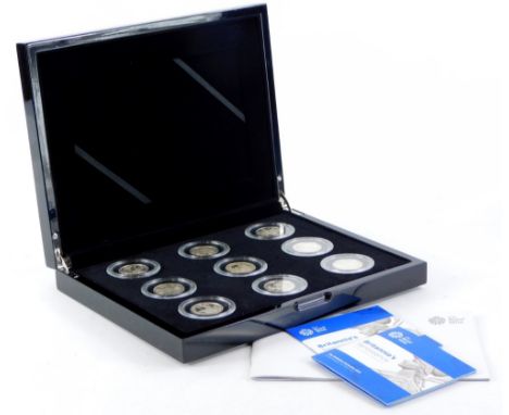 A set of nine Britannia 25th Anniversary silver portrait collection of first strikes, with paperwork in fitted box.