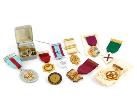 A collection of Masonic jewels, some with enamel decoration, to include The Royal Masonic Benevolent Institution stewards bad