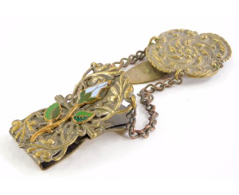 A continental plated brass chatelaine, with enamel decoration of a flower, leaves, etc., unmarked.