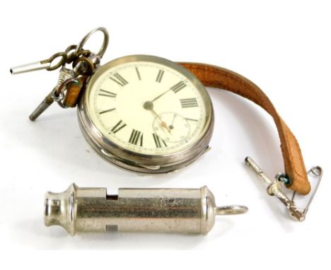 A Victorian silver cased pocket watch, the white enamel dial with Roman numerals, the case stamped for Birmingham 1883, and a