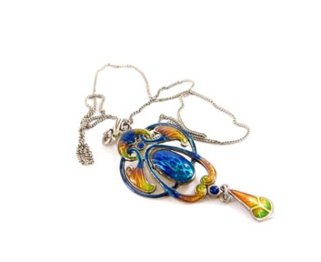 An Art Nouveau style enamel pendant, with blue, orange, green and yellow coloured enamels, on a white metal back stamped silv