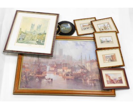 After David Cuppleditch. Lincoln Minster, artist signed limited edition print, 38cm x 28cm, and other prints relating to Linc