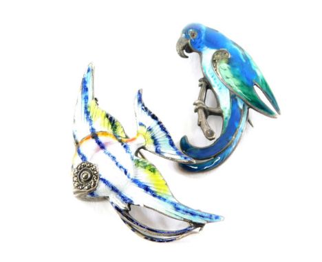 Two enamel animal brooches, comprising an enamel and marcasite fish, white metal stamped 835, 5cm high, a parrot enamel brooc