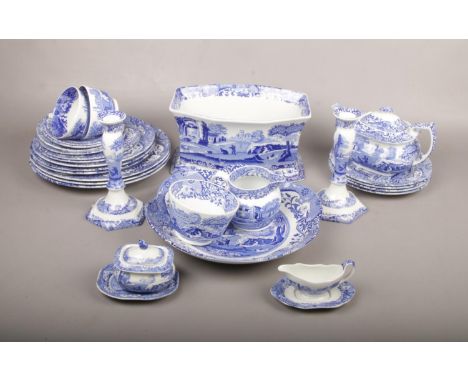 A good collection of Spode blue and white pottery decorated in the Italian landscape pattern. Comprising a canted rectangular