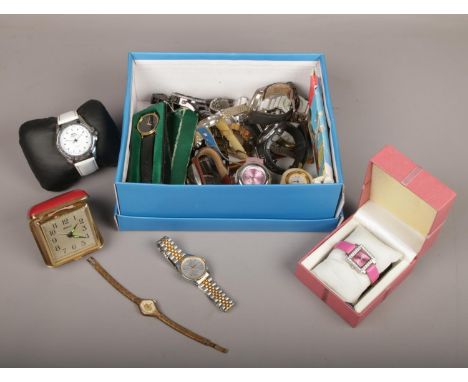 A collection of mainly quartz wristwatches,  Citizen, Slazenger, Ingersoll examples to include Ingersoll travel alarm clock. 