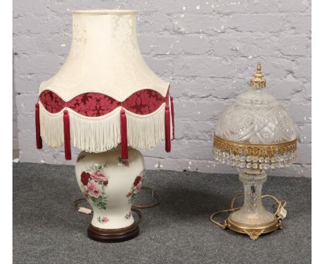 A ceramic floral design table lamp,to include a glass table lamp.  