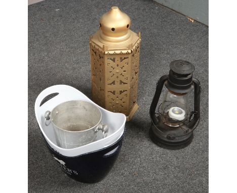 A collection of miscellaneous, a decorative lantern, three ice buckets and vintage lantern.  
