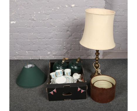 A box of miscellaneous, to include brass table lamp, Midwinter dinnerwares etc.  