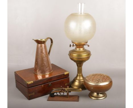 A mixed group to include oil lamp, mahogany writing slope etc.  