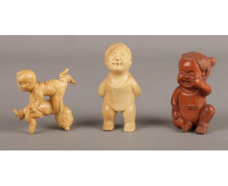 A collection of carved Boxwood Netsuke, children &amp; puzzle type example.  