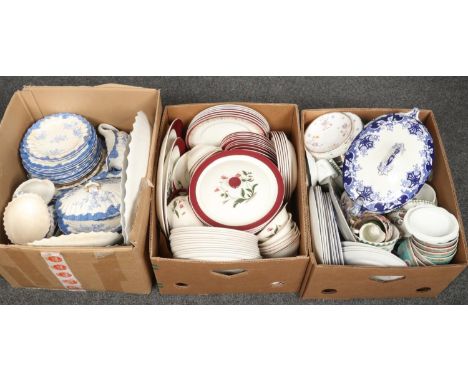 Three boxes of pottery and china including a Spode blue and white dinner service, Wedgwood Mayfield service and Portmerion et