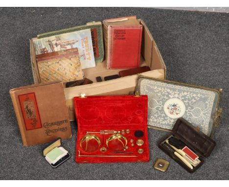A box of collectables, Cigarette picture card album John Player &amp; Sons example, Ronson vintage lighter, Durham Duplex Raz