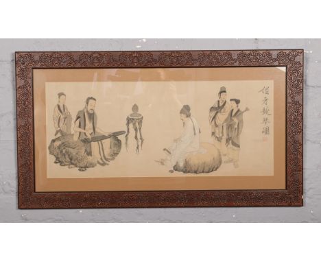 An early 20th century Chinese painting on silk. With a dignitary, attendants and figure playing a stringed instrument. Signed