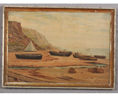 A. E. Champ (Edwardian School), framed oil on canvas. Beach scene with with figures and boats, a tent and with lobster pots i