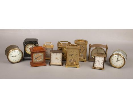 A box of mixed mantel, carriage clocks and clock parts. Including Schatz, Swiza and Smiths etc.  