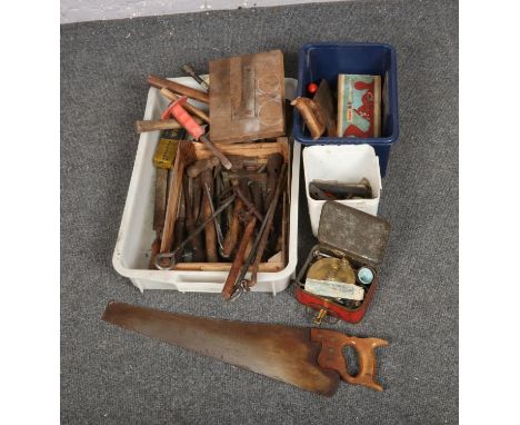 A box of vintage hand tools, to include Crown saw, Primus stove etc.  