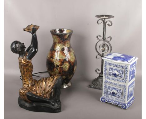 A collection of assorted decorative wares, Art Lamp Vase, women with bowl figurine (approx 44 cm height), metal candlesticks,