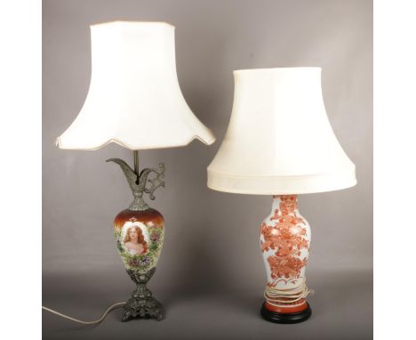 Two pottery table lamps, one of ewer form with printed portrait of a maiden and metal mounts.  