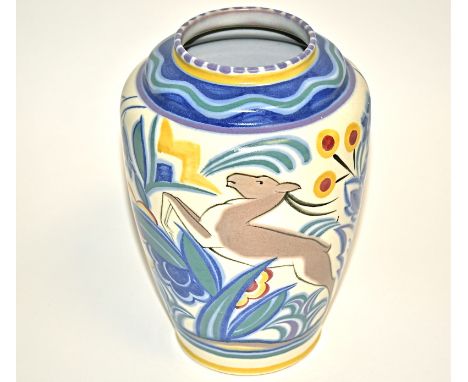 Ruth Pavely a 20th Century Art Deco design Poole Pottery vase,  with leaping gazelle, height 25cm, the base with impressed 'P