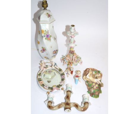 A small group of Continental porcelain figures of cherubs, the majority a/f, to include an Ernst Bohne Sohne wall pocket with